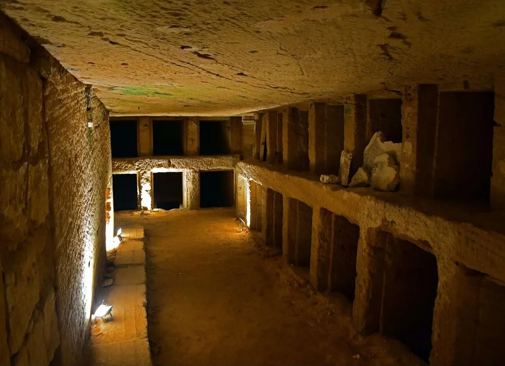 Carved funerary chambers in the Catacombs of Kom el-Shoqafa, Alexandria