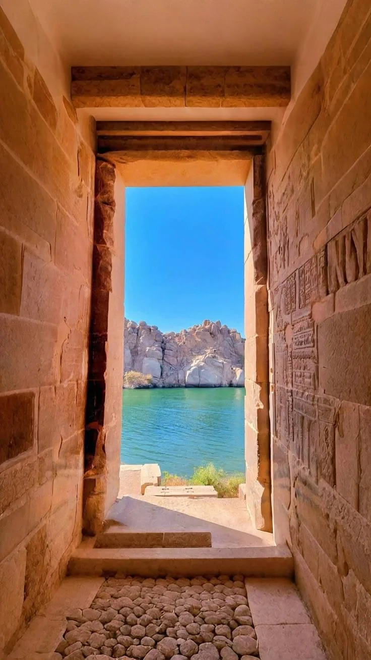 The Nile and desert hills framed through an ancient temple doorway at Aswan