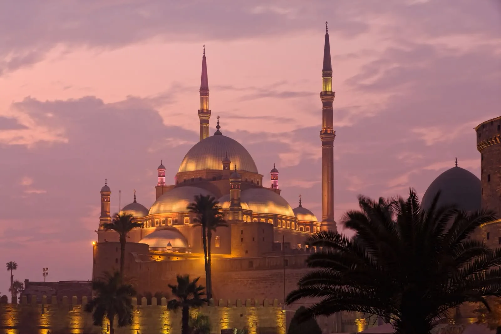 The Mosque of Muhammad Ali crowning the Saladin Citadel in Cairo at dusk
