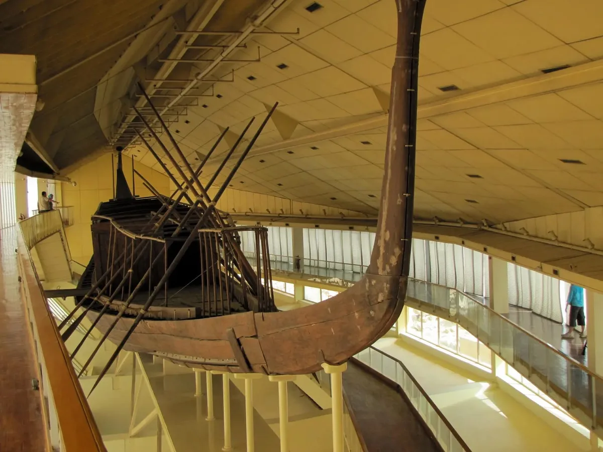 Khufu's cedar solar boat displayed in its museum hall