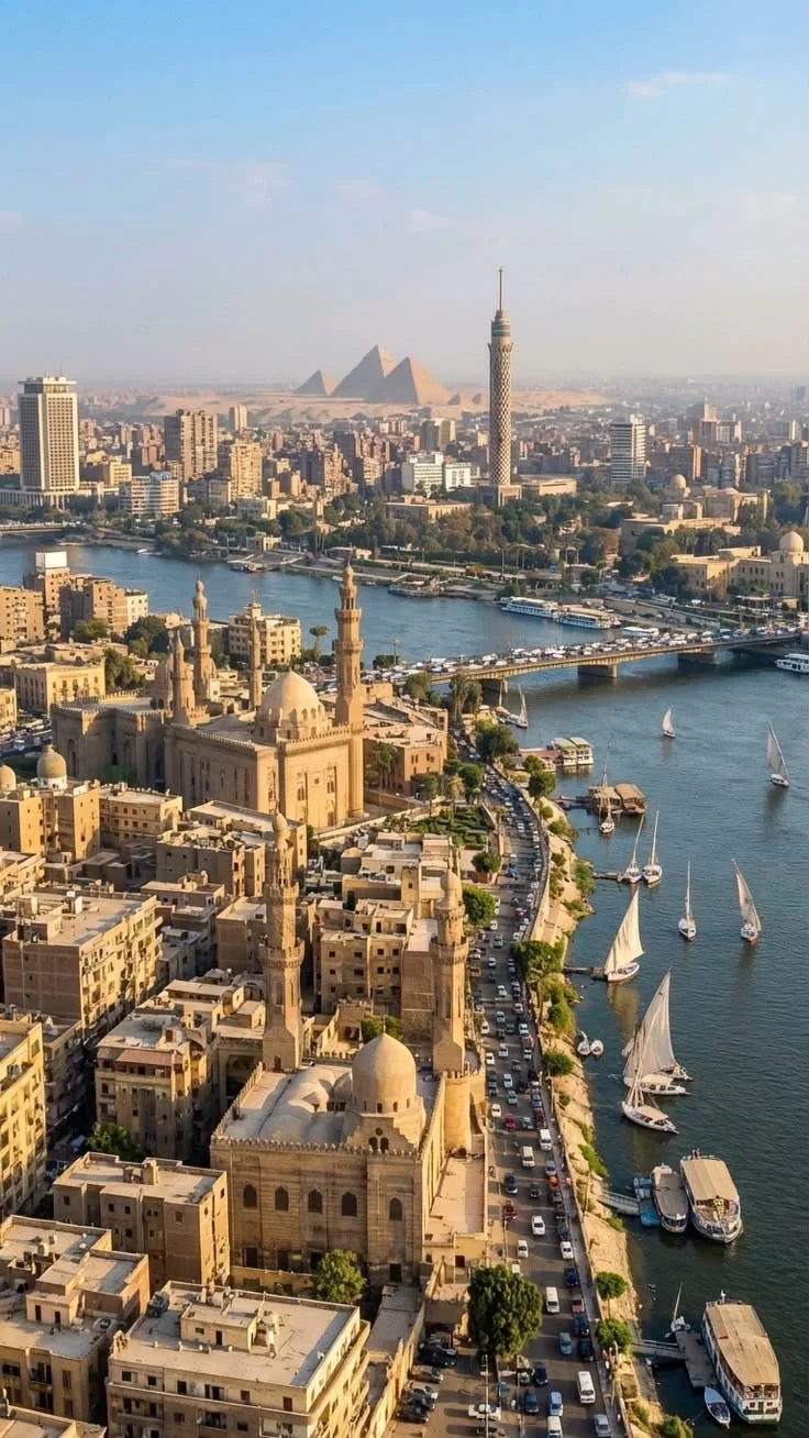 Feluccas and river craft on the Cairo Nile seen from above at dusk